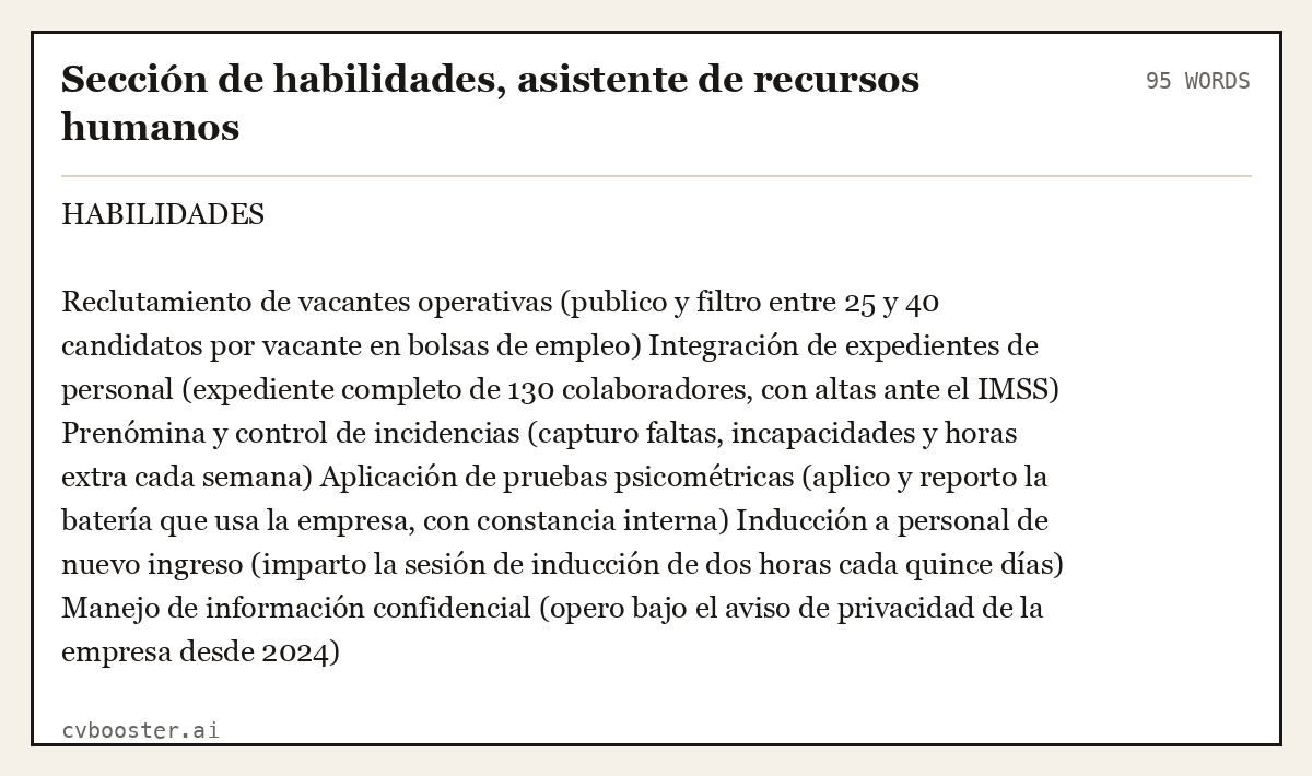 Ejemplo completo: Sección de habilidades, asistente de recursos humanos, 95 palabras