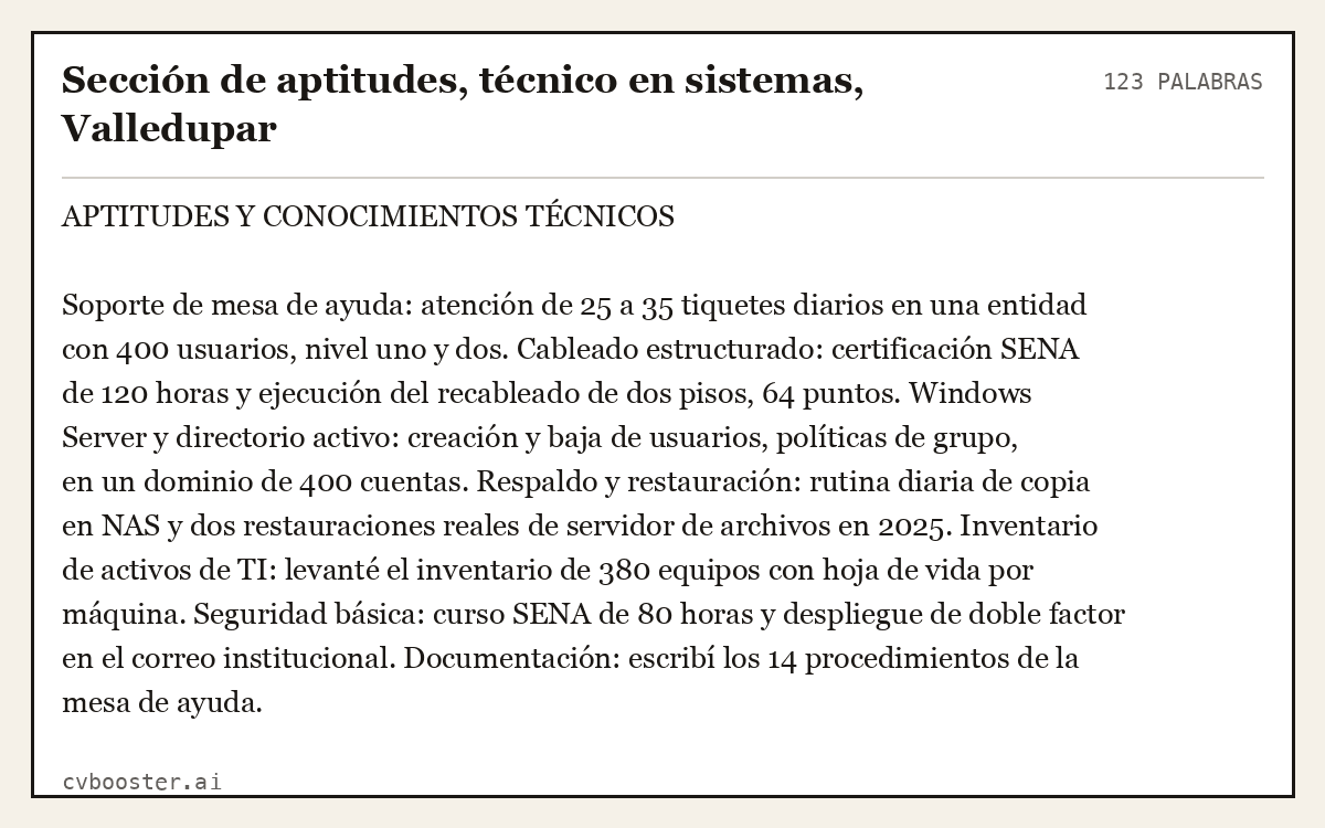 Ejemplo completo: Sección de aptitudes, técnico en sistemas, Valledupar, 123 palabras