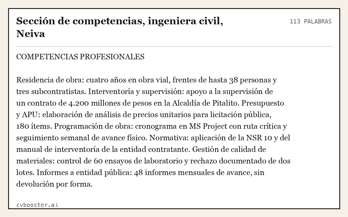 Ejemplo completo: Sección de competencias, ingeniera civil, Neiva, 113 palabras