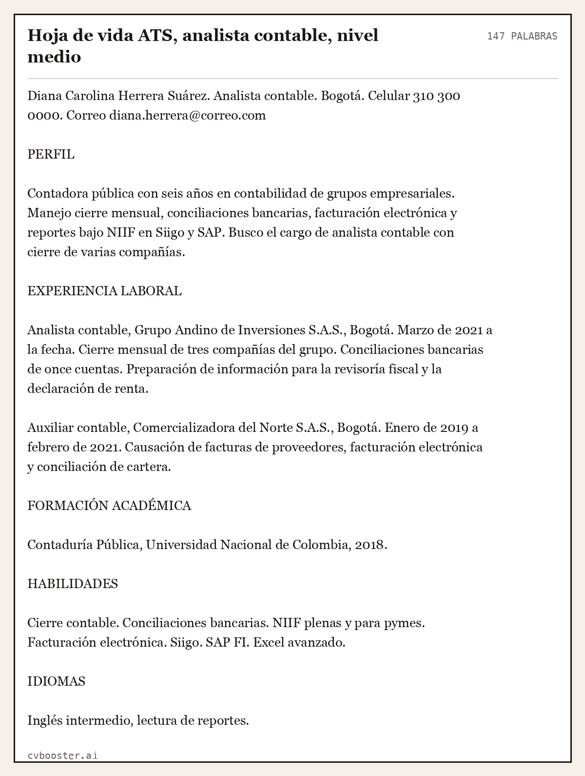 Ejemplo completo: Hoja de vida ATS, analista contable, nivel medio, 147 palabras