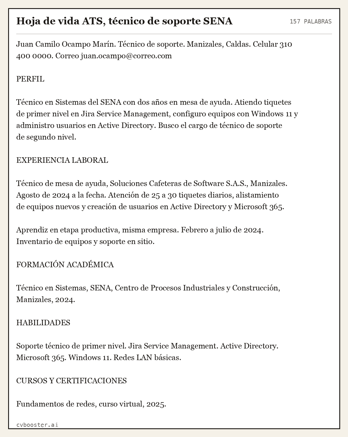 Ejemplo completo: Hoja de vida ATS, técnico de soporte SENA, 157 palabras