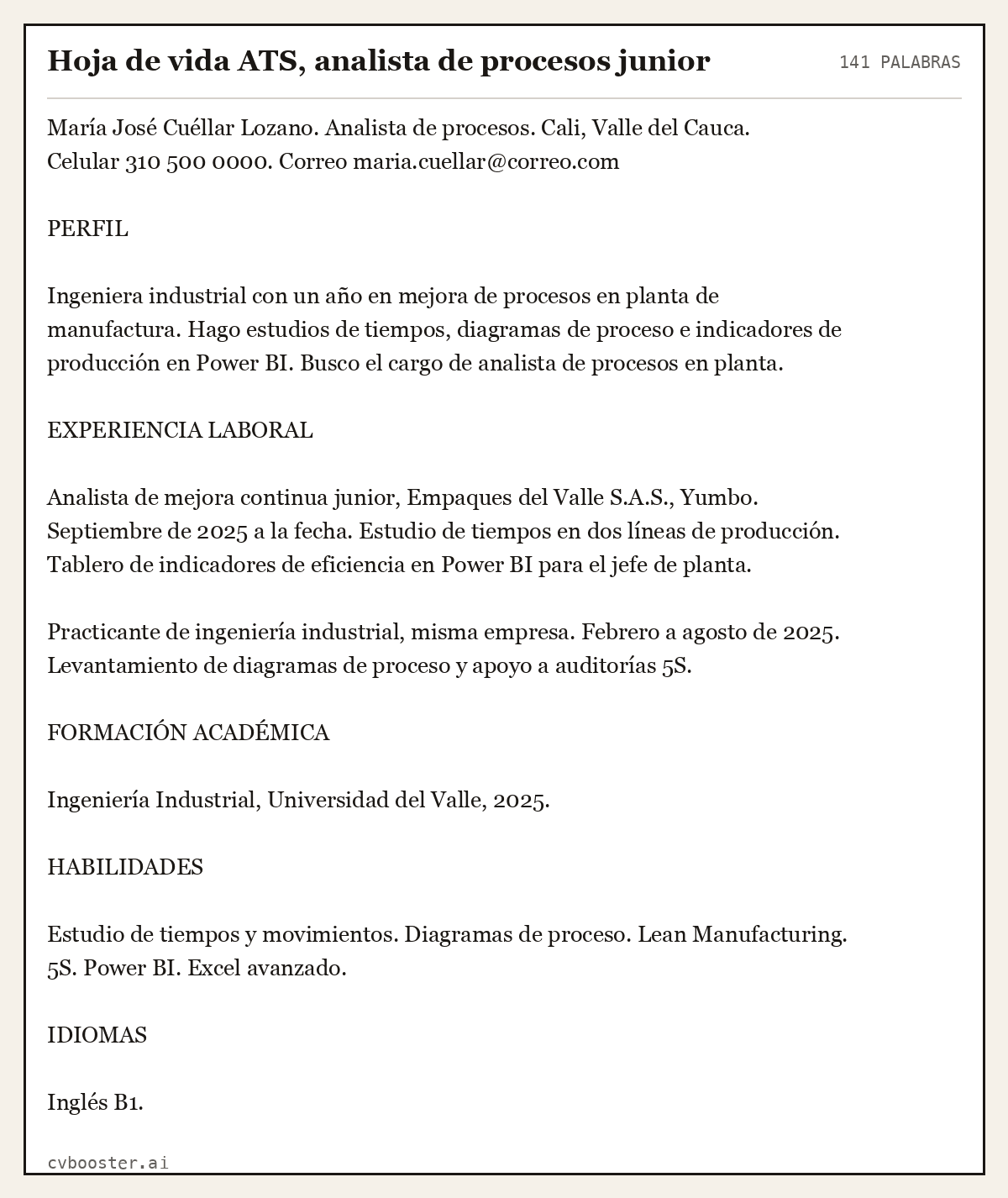 Ejemplo completo: Hoja de vida ATS, analista de procesos junior, 141 palabras