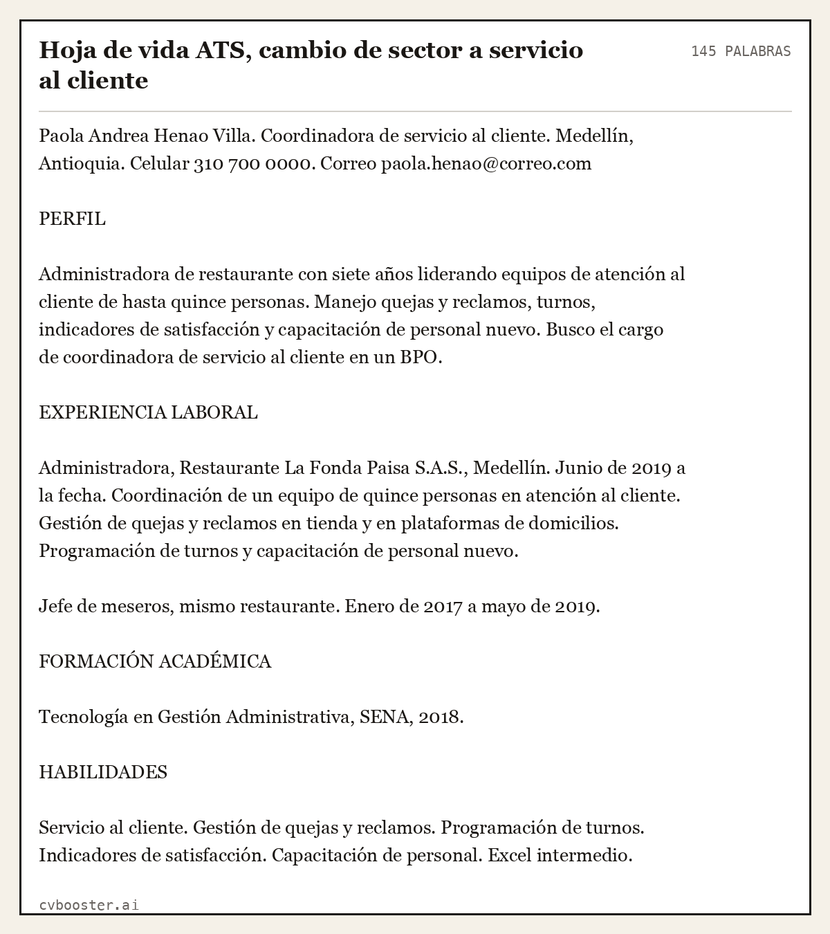 Ejemplo completo: Hoja de vida ATS, cambio de sector a servicio al cliente, 145 palabras