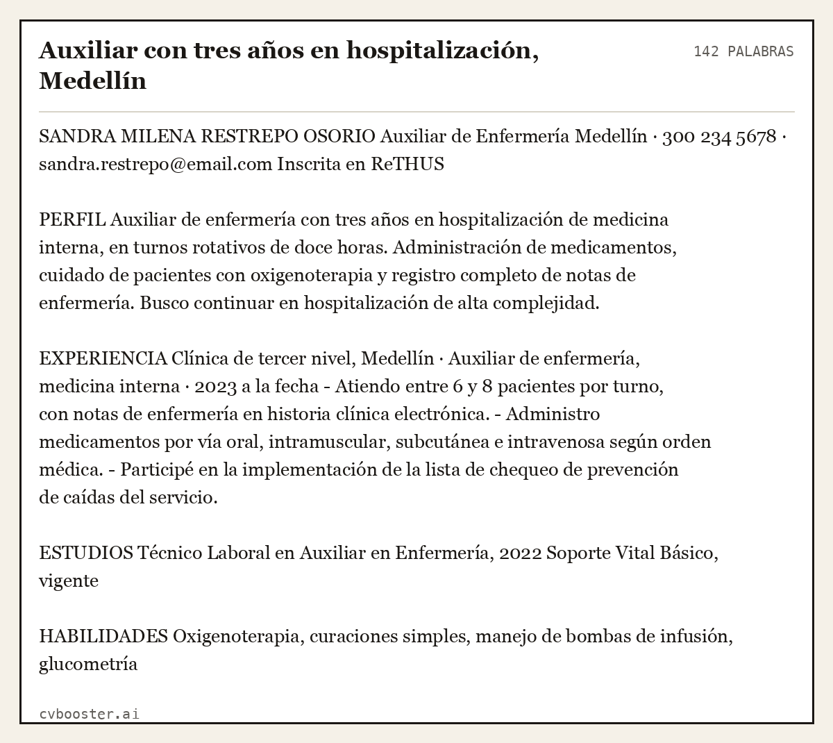 Ejemplo completo: Auxiliar con tres años en hospitalización, Medellín, 142 palabras