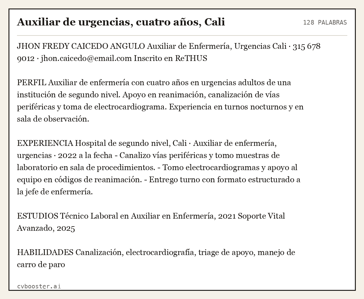Ejemplo completo: Auxiliar de urgencias, cuatro años, Cali, 128 palabras