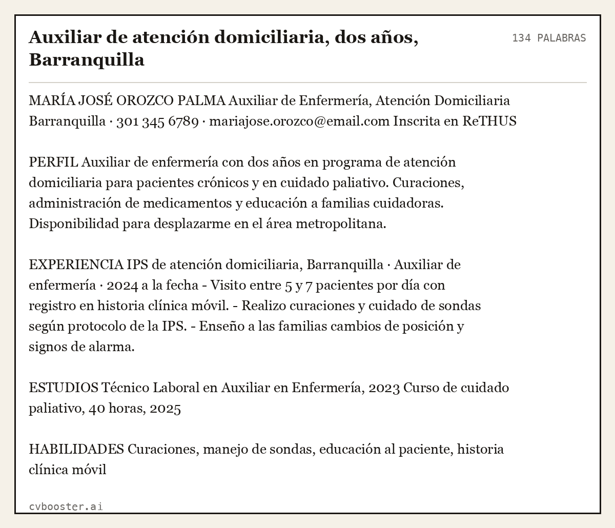 Ejemplo completo: Auxiliar de atención domiciliaria, dos años, Barranquilla, 134 palabras