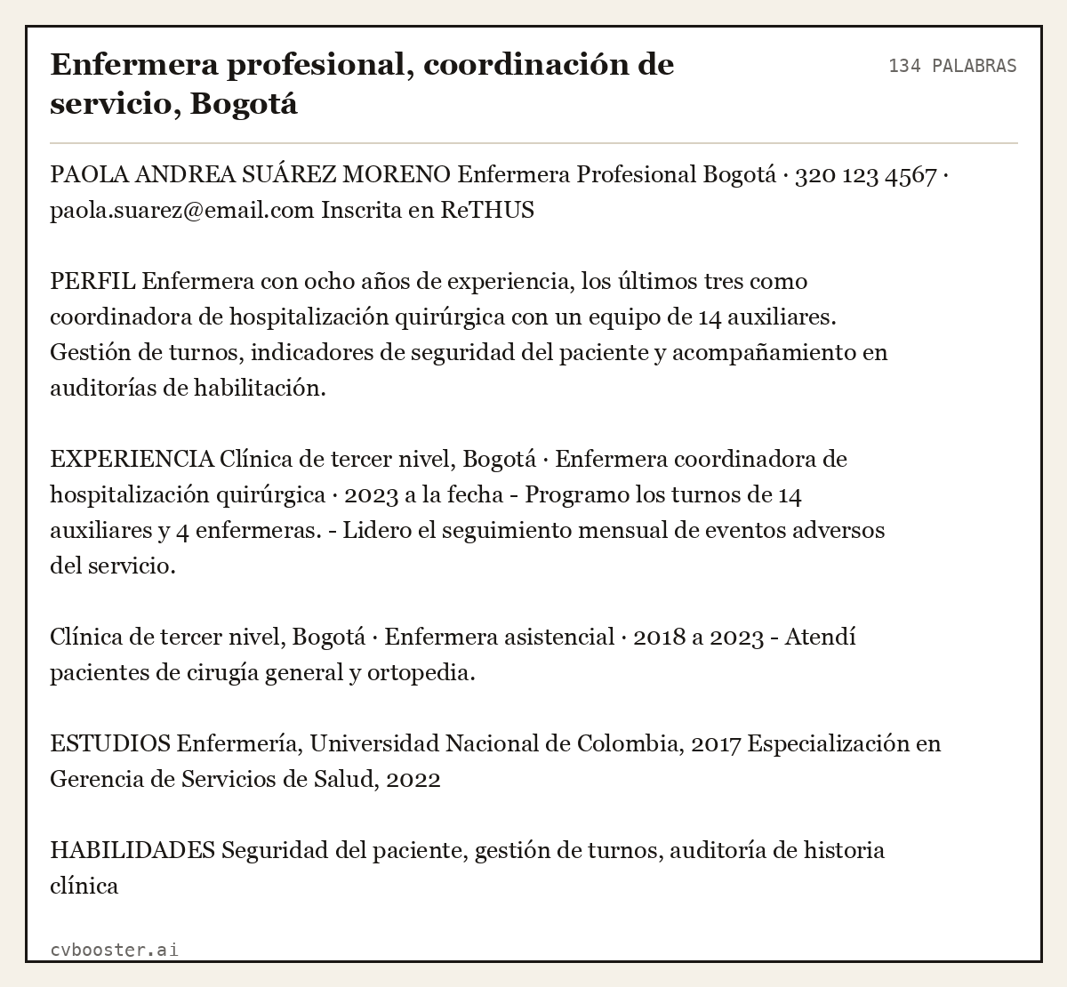 Ejemplo completo: Enfermera profesional, coordinación de servicio, Bogotá, 134 palabras