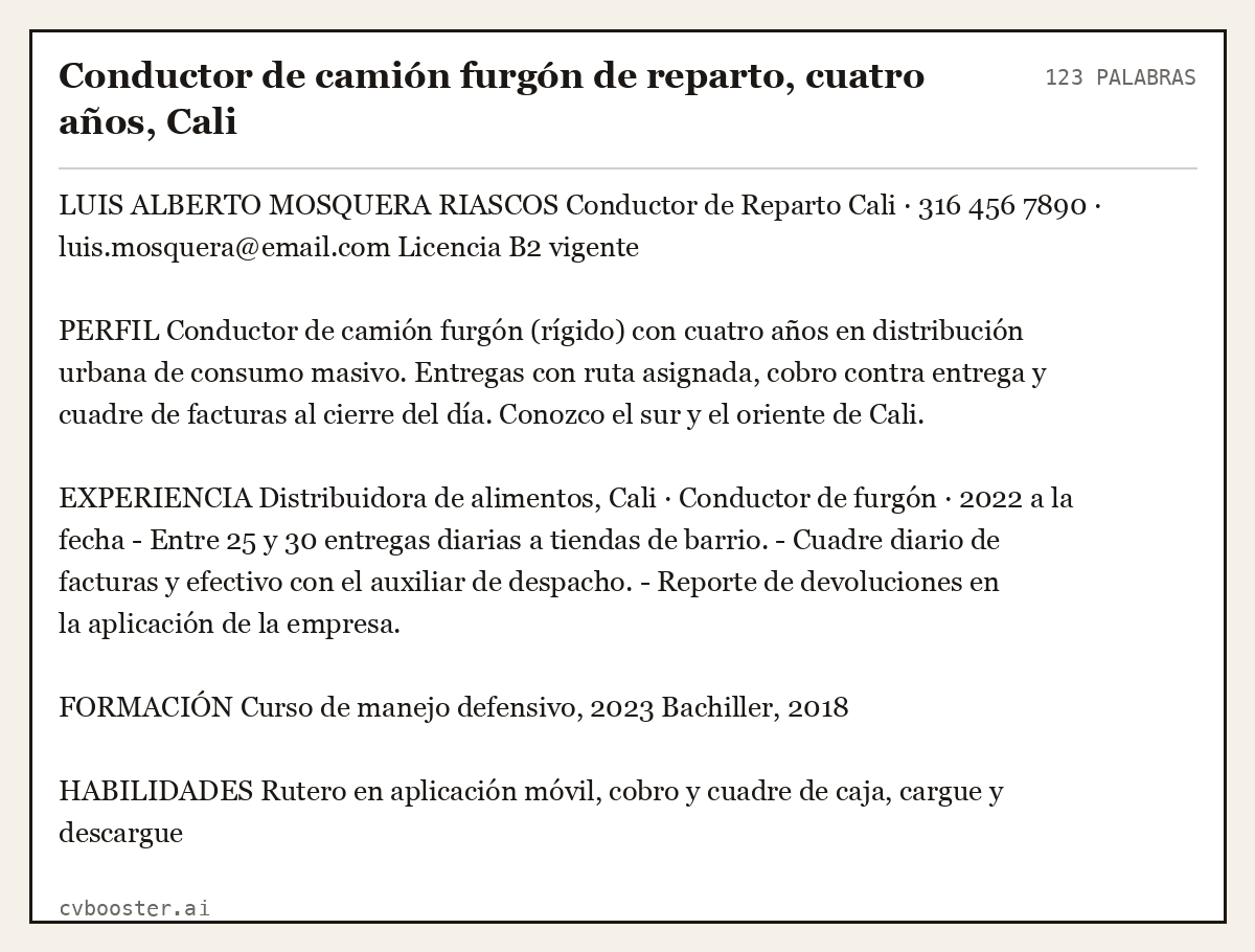 Ejemplo completo: Conductor de camión furgón de reparto, cuatro años, Cali, 123 palabras