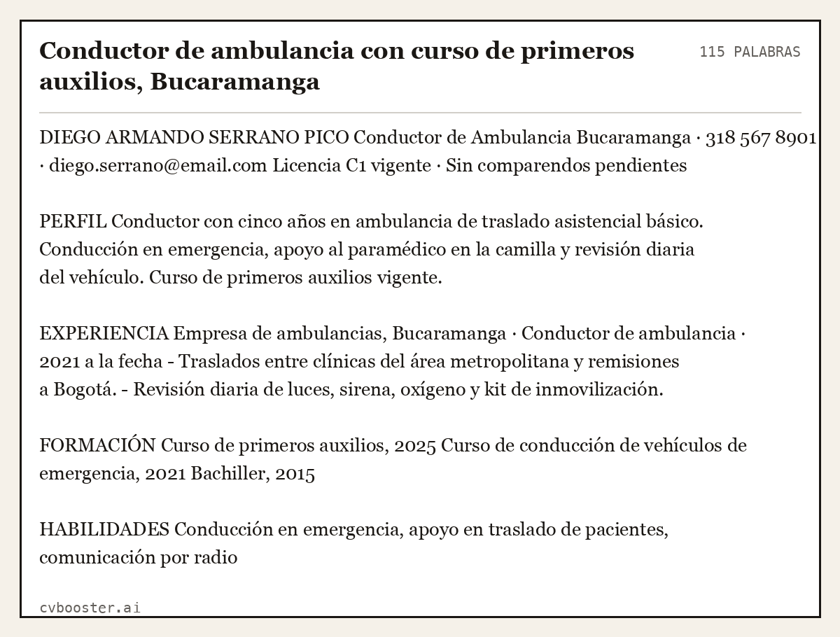 Ejemplo completo: Conductor de ambulancia con curso de primeros auxilios, Bucaramanga, 115 palabras