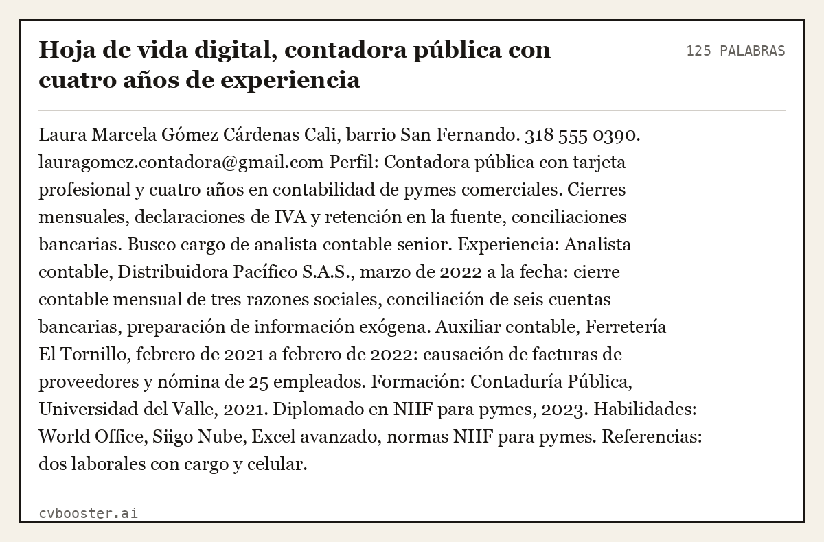 Ejemplo completo: Hoja de vida digital, contadora pública con cuatro años de experiencia, 125 palabras