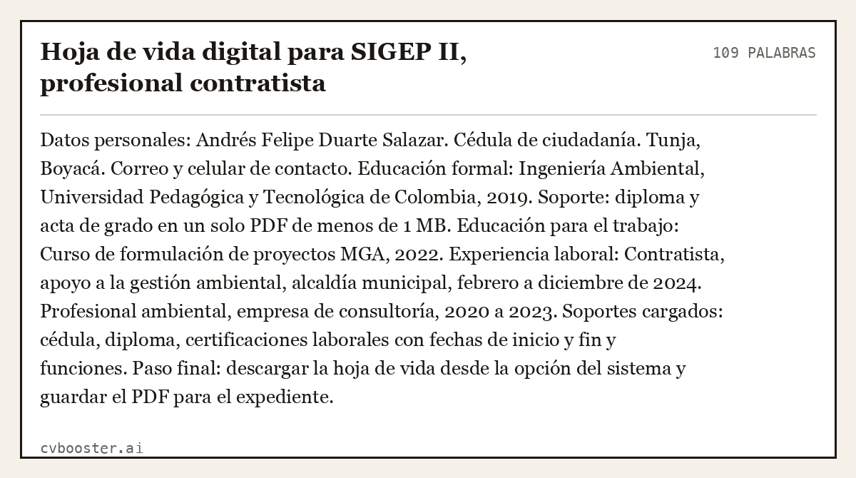 Ejemplo completo: Hoja de vida digital para SIGEP II, profesional contratista, 109 palabras