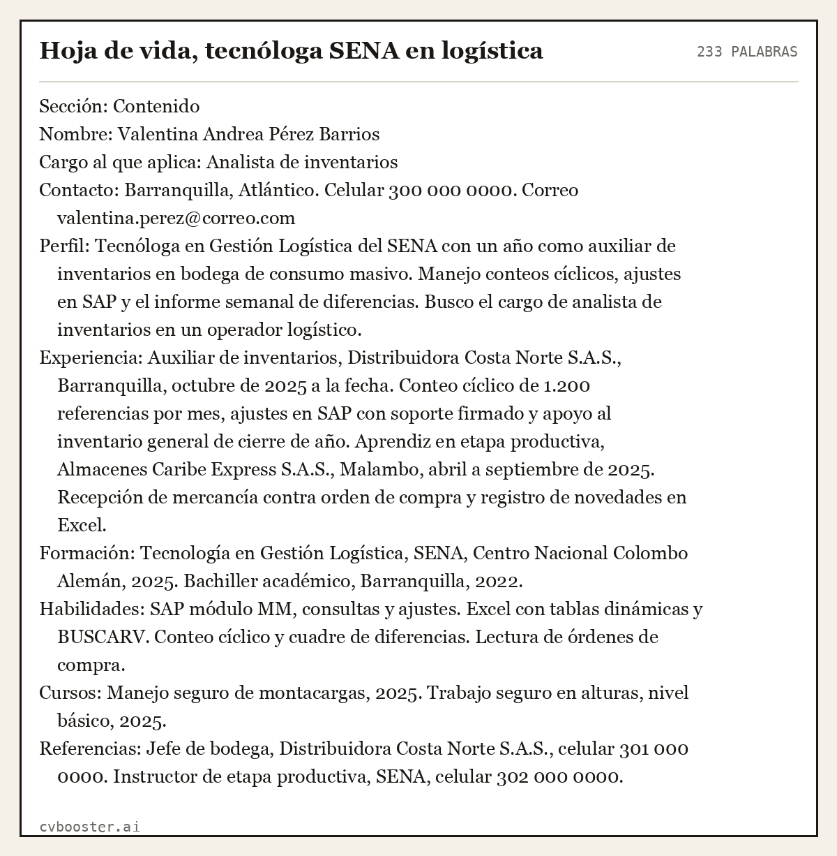 Ejemplo completo: Hoja de vida, tecnóloga SENA en logística, 233 palabras
