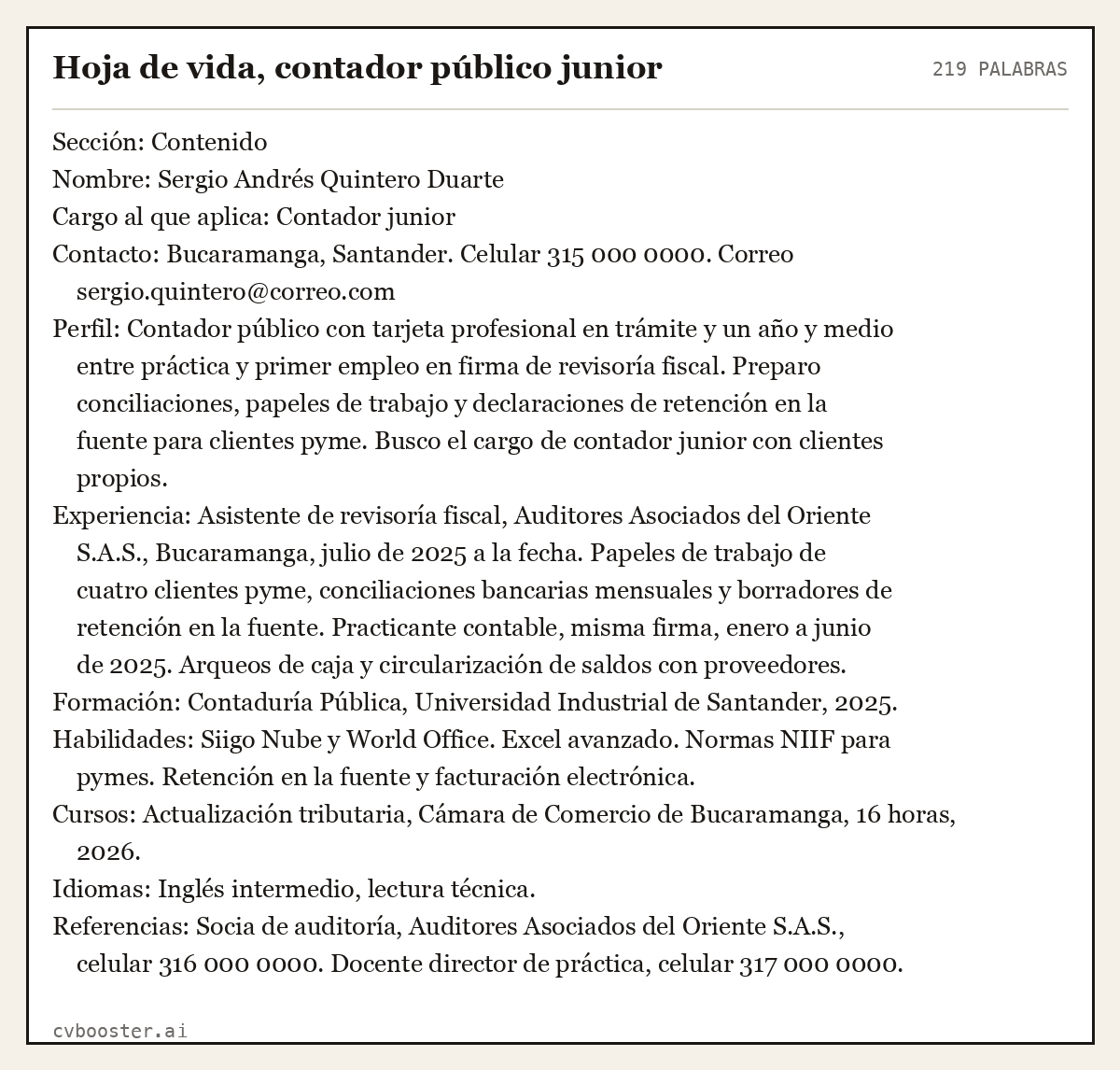 Ejemplo completo: Hoja de vida, contador público junior, 219 palabras