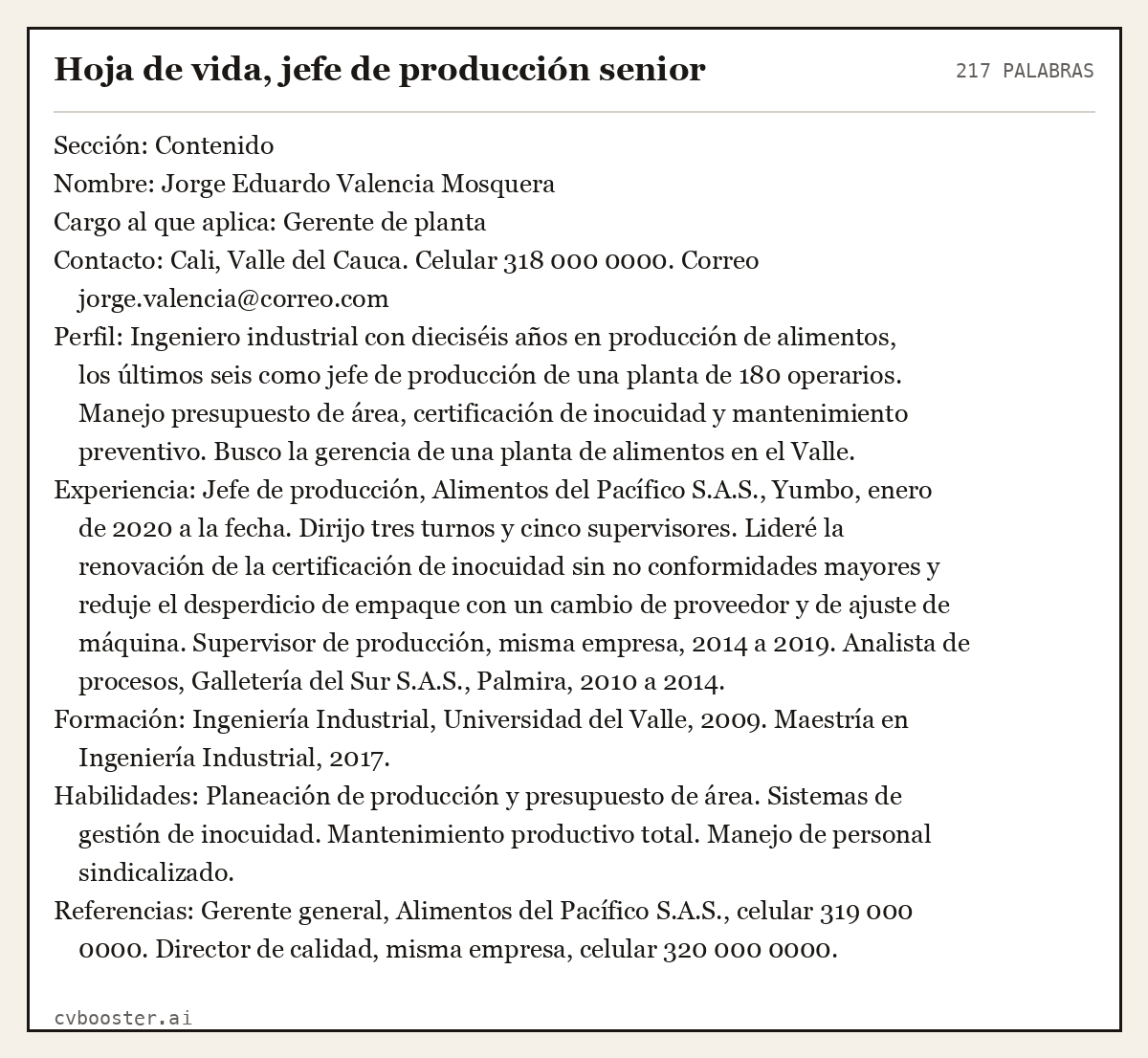 Ejemplo completo: Hoja de vida, jefe de producción senior, 217 palabras