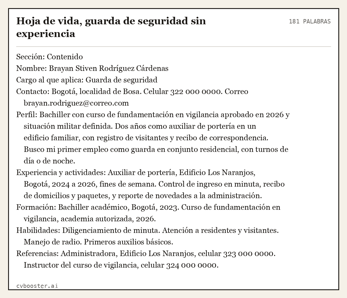 Ejemplo completo: Hoja de vida, guarda de seguridad sin experiencia, 181 palabras