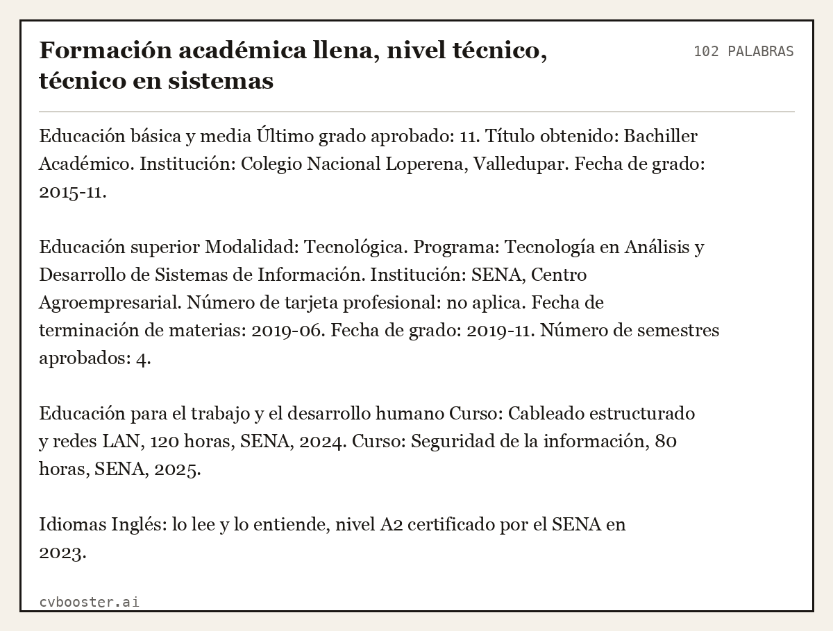 Ejemplo completo: Formación académica llena, nivel técnico, técnico en sistemas, 102 palabras