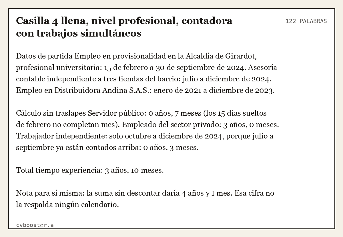 Ejemplo completo: Casilla 4 llena, nivel profesional, contadora con trabajos simultáneos, 122 palabras