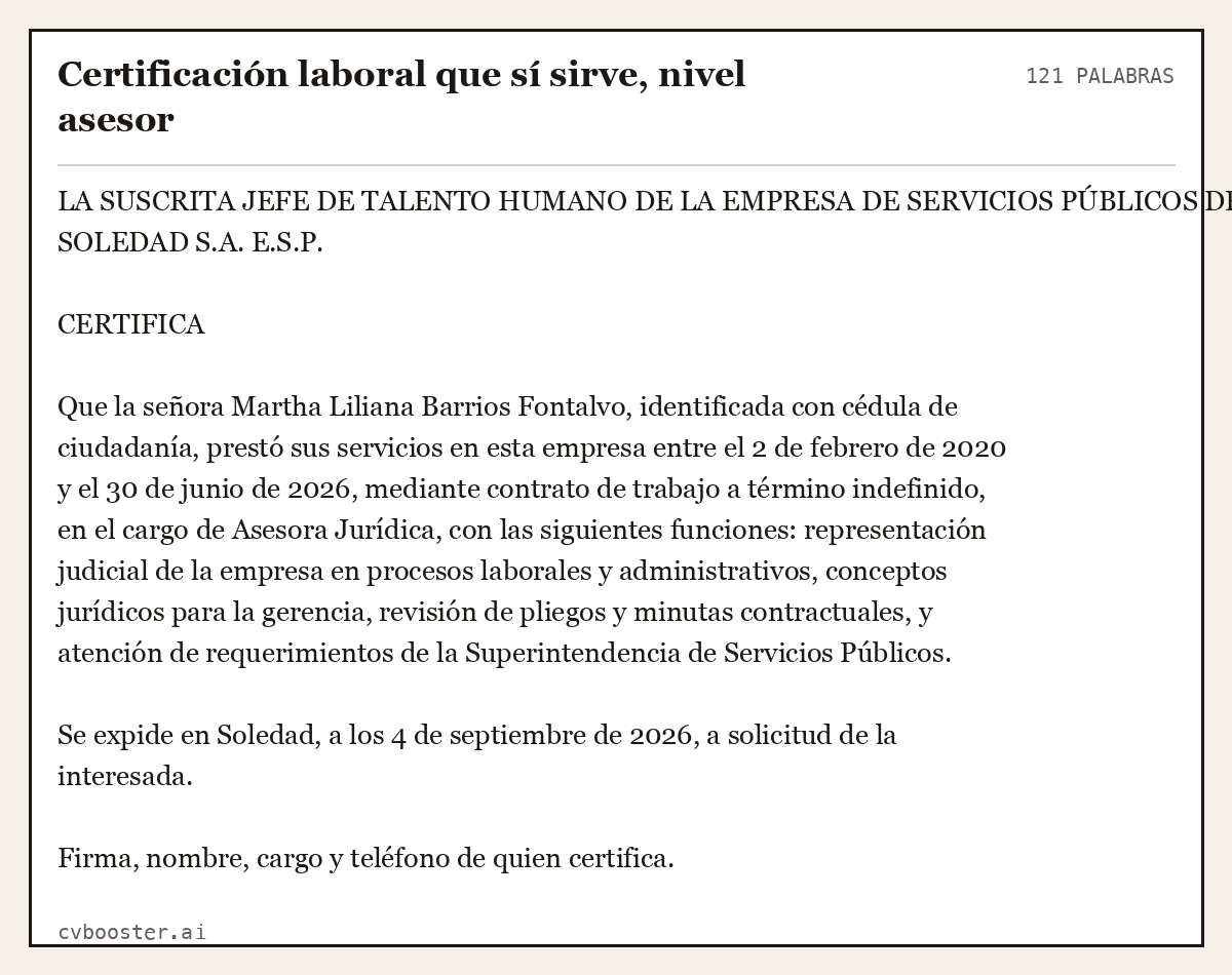 Ejemplo completo: Certificación laboral que sí sirve, nivel asesor, 121 palabras