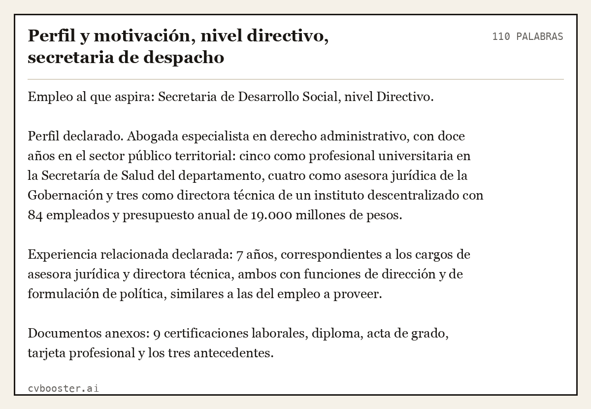 Ejemplo completo: Perfil y motivación, nivel directivo, secretaria de despacho, 110 palabras