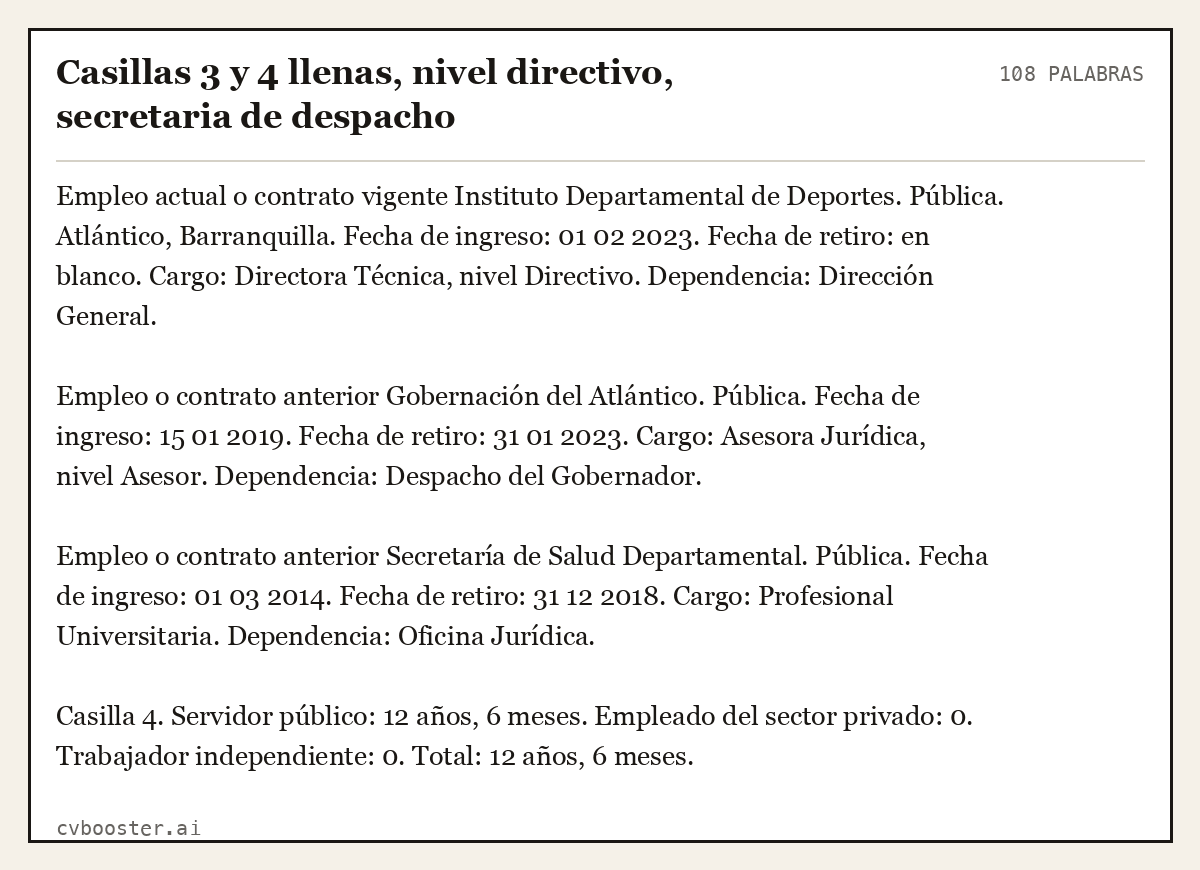 Ejemplo completo: Casillas 3 y 4 llenas, nivel directivo, secretaria de despacho, 108 palabras