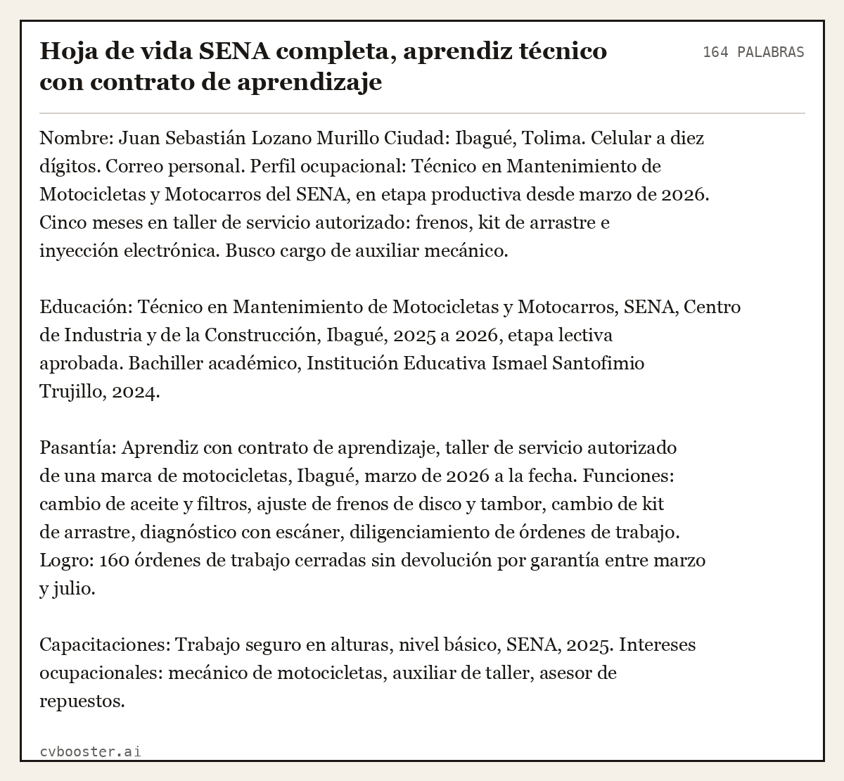 Ejemplo completo: Hoja de vida SENA completa, aprendiz técnico con contrato de aprendizaje, 164 palabras