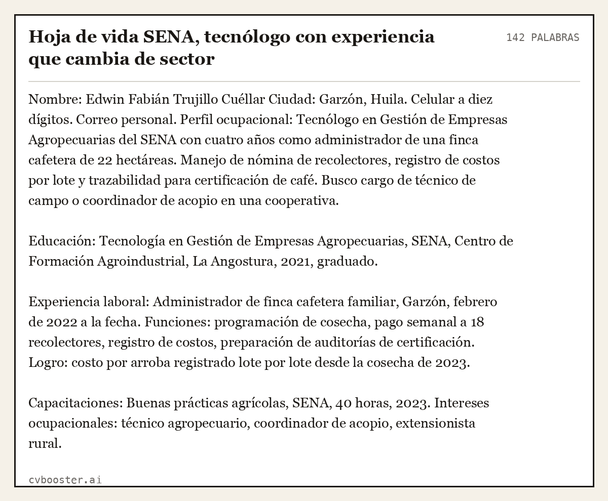 Ejemplo completo: Hoja de vida SENA, tecnólogo con experiencia que cambia de sector, 142 palabras