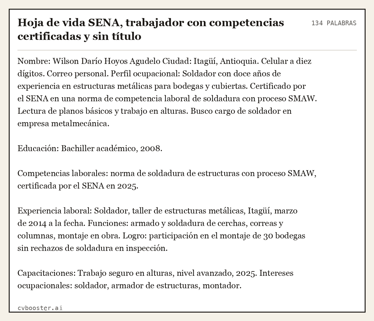 Ejemplo completo: Hoja de vida SENA, trabajador con competencias certificadas y sin título, 134 palabras