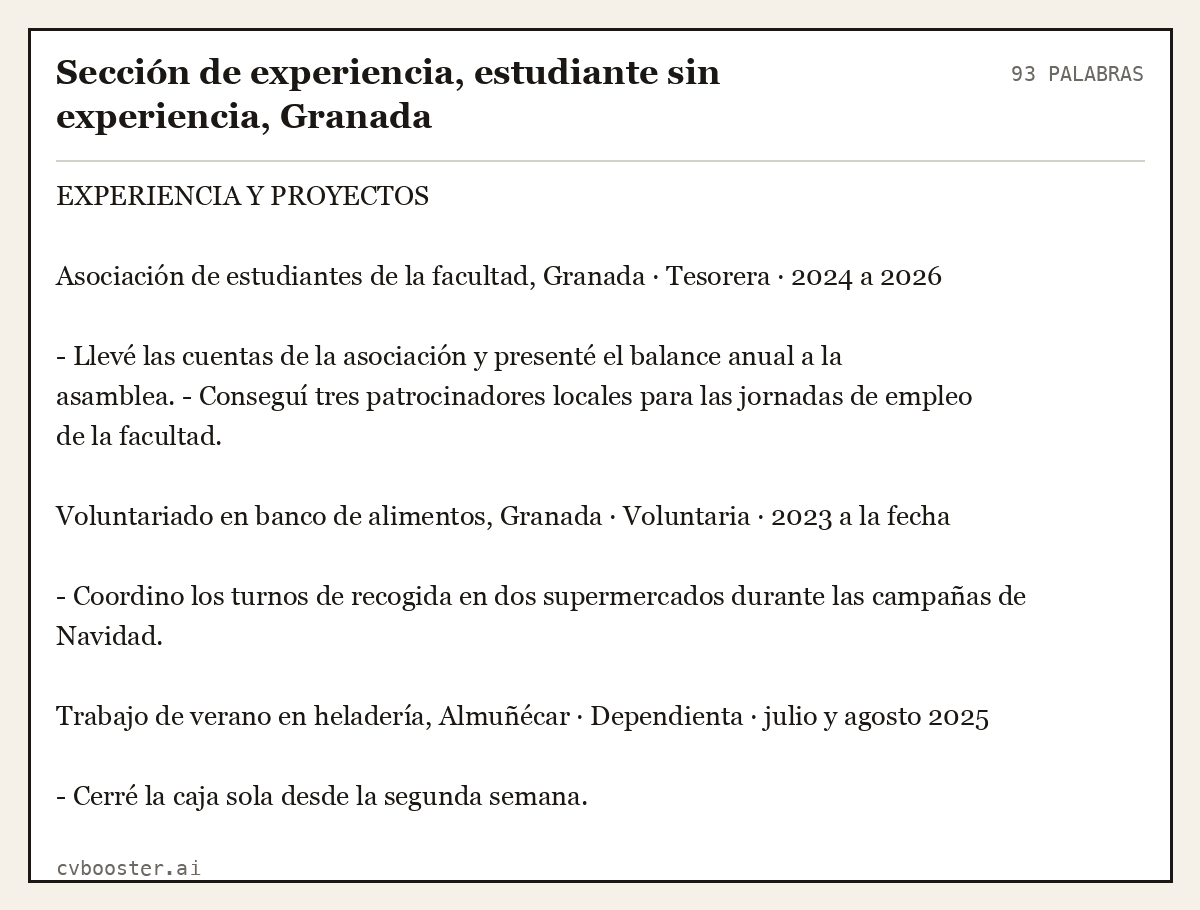 Ejemplo completo: Sección de experiencia, estudiante sin experiencia, Granada, 93 palabras