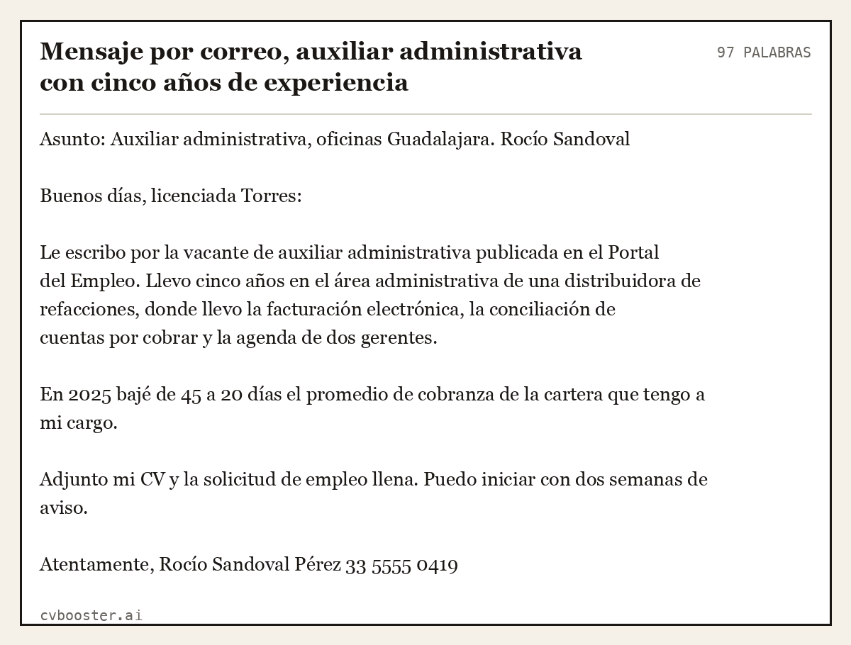 Ejemplo completo: Mensaje por correo, auxiliar administrativa con cinco años de experiencia, 97 palabras
