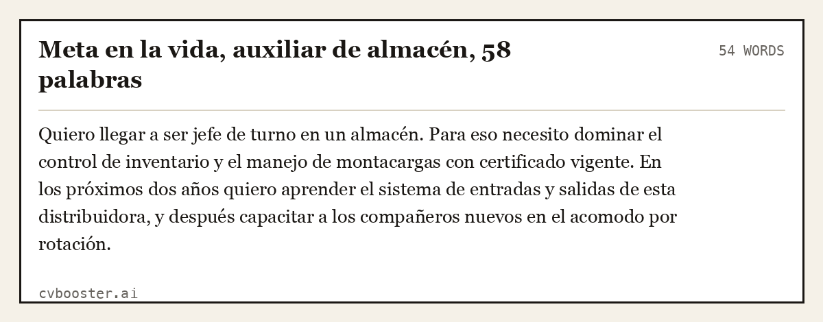 Ejemplo completo: Meta en la vida, auxiliar de almacén, 58 palabras, 54 palabras