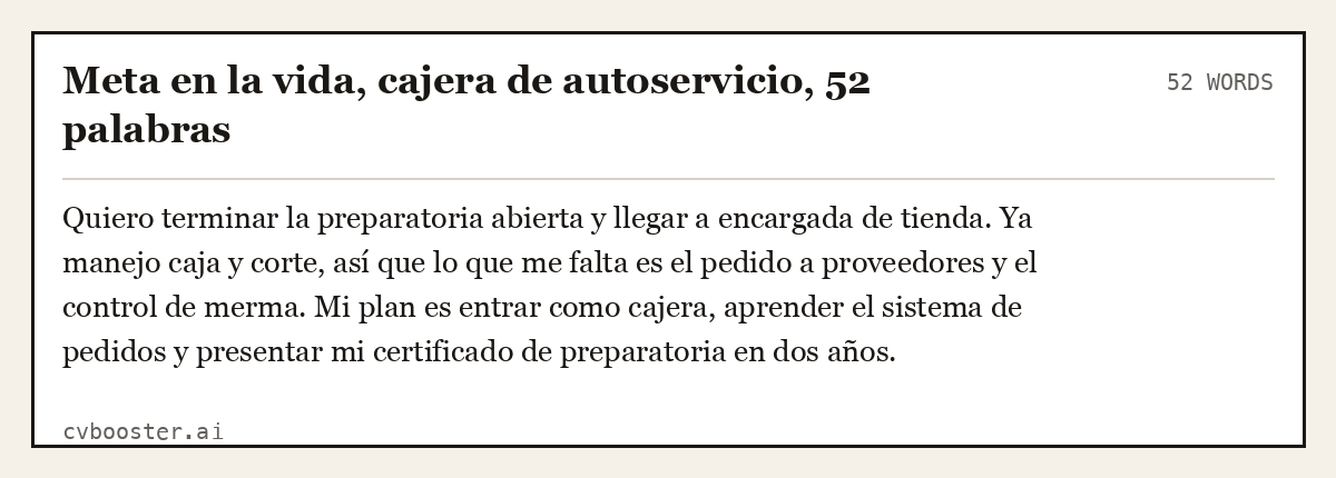 Ejemplo completo: Meta en la vida, cajera de autoservicio, 52 palabras, 52 palabras