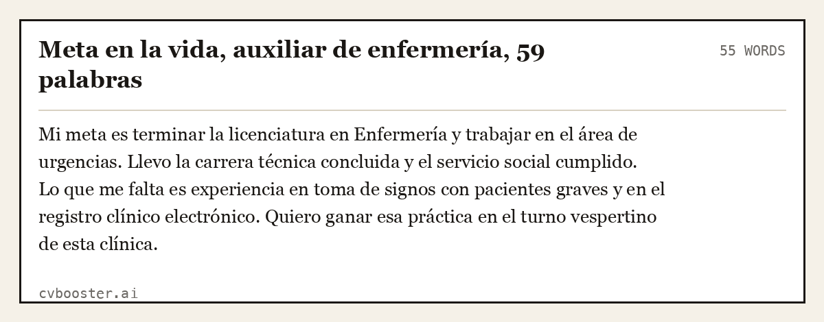 Ejemplo completo: Meta en la vida, auxiliar de enfermería, 59 palabras, 55 palabras