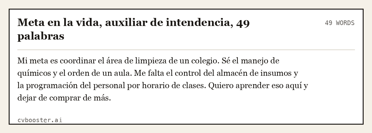 Ejemplo completo: Meta en la vida, auxiliar de intendencia, 49 palabras, 49 palabras