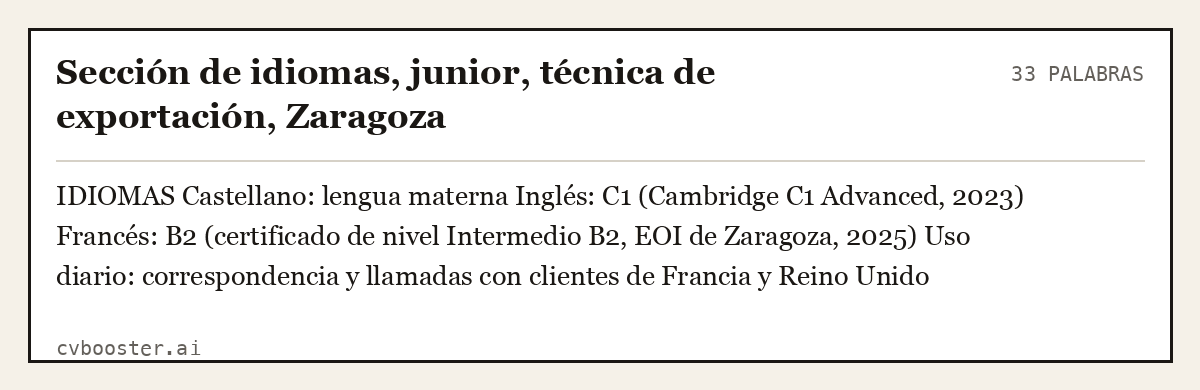 Ejemplo completo: Sección de idiomas, junior, técnica de exportación, Zaragoza, 33 palabras