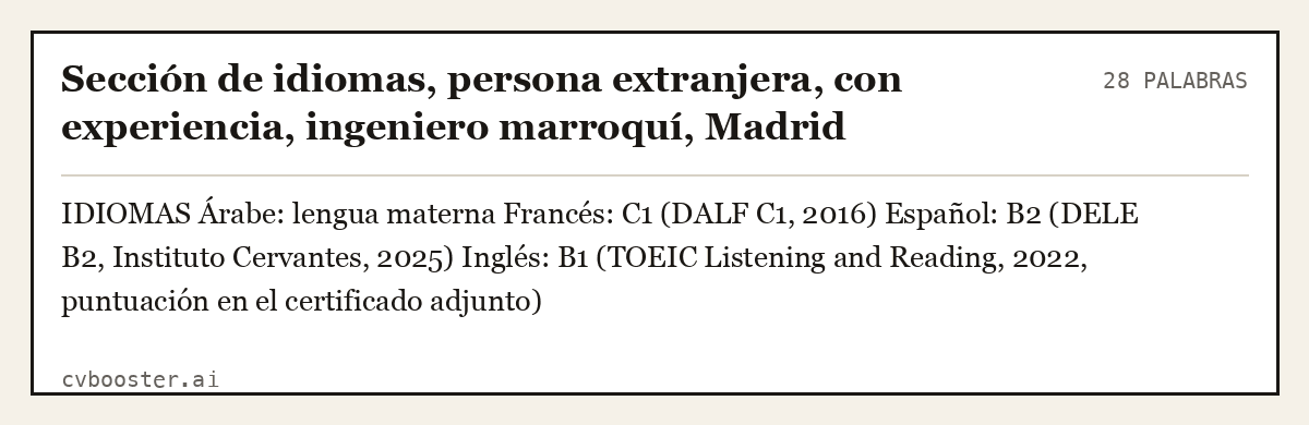 Ejemplo completo: Sección de idiomas, persona extranjera, con experiencia, ingeniero marroquí, Madrid, 28 palabras