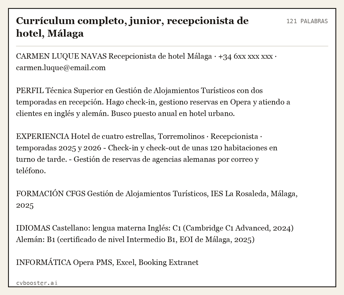 Ejemplo completo: Currículum completo, junior, recepcionista de hotel, Málaga, 121 palabras
