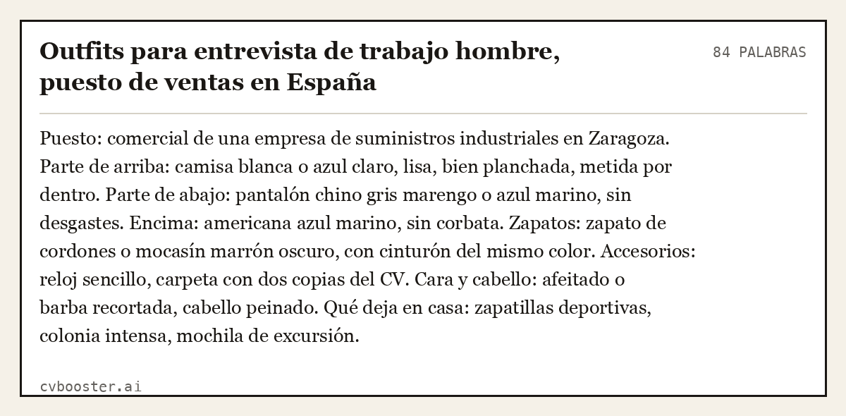 Ejemplo completo: Outfits para entrevista de trabajo hombre, puesto de ventas en España, 84 palabras