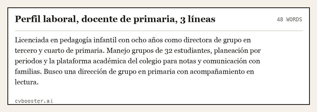 Ejemplo completo: Perfil laboral, docente de primaria, 3 líneas, 48 palabras