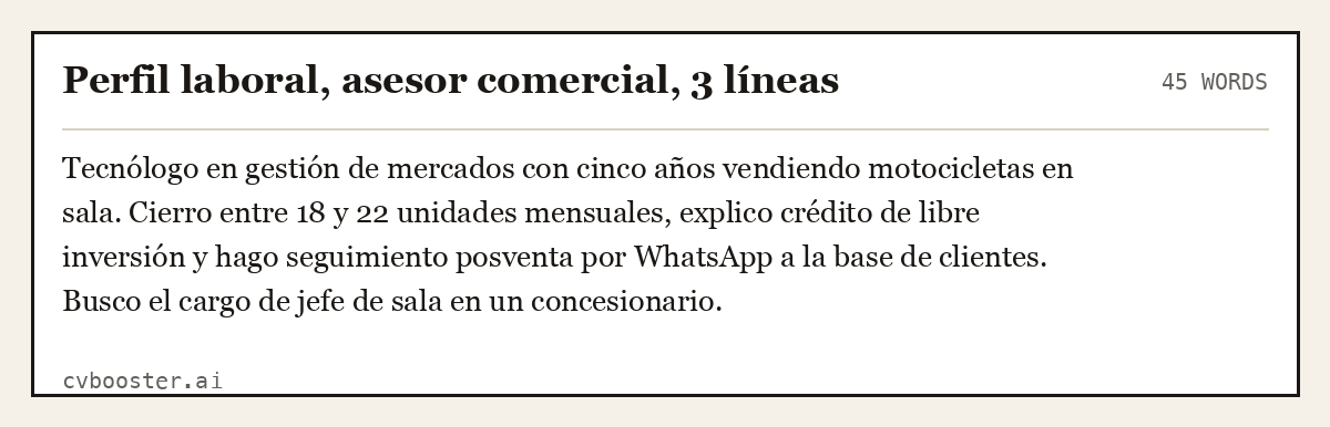 Ejemplo completo: Perfil laboral, asesor comercial, 3 líneas, 45 palabras