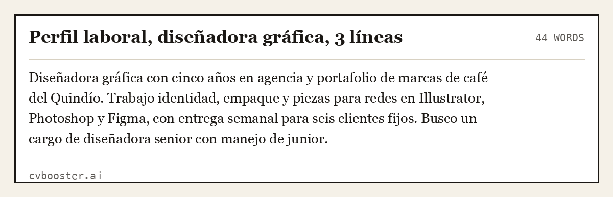 Ejemplo completo: Perfil laboral, diseñadora gráfica, 3 líneas, 44 palabras