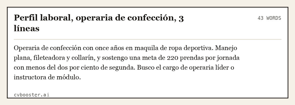Ejemplo completo: Perfil laboral, operaria de confección, 3 líneas, 43 palabras