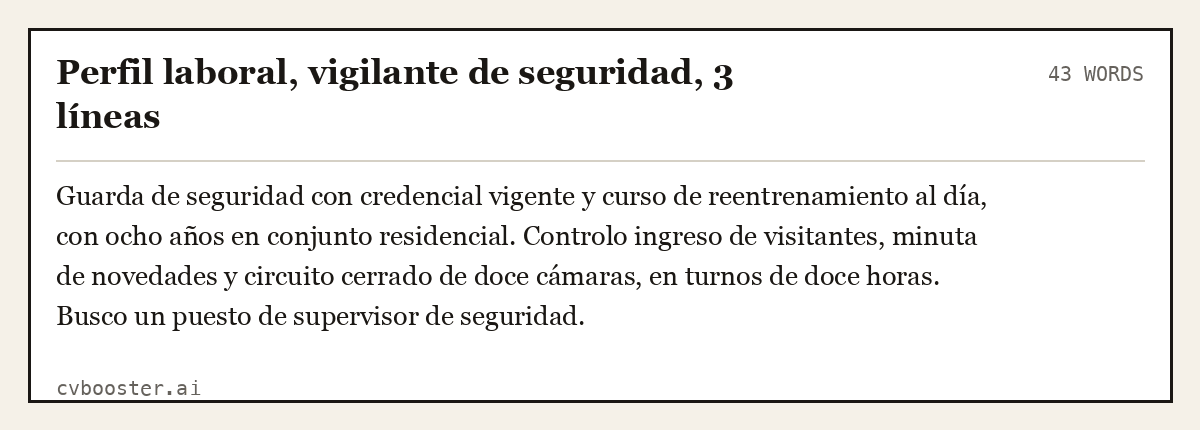 Ejemplo completo: Perfil laboral, vigilante de seguridad, 3 líneas, 43 palabras