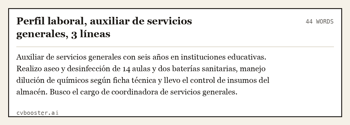 Ejemplo completo: Perfil laboral, auxiliar de servicios generales, 3 líneas, 44 palabras