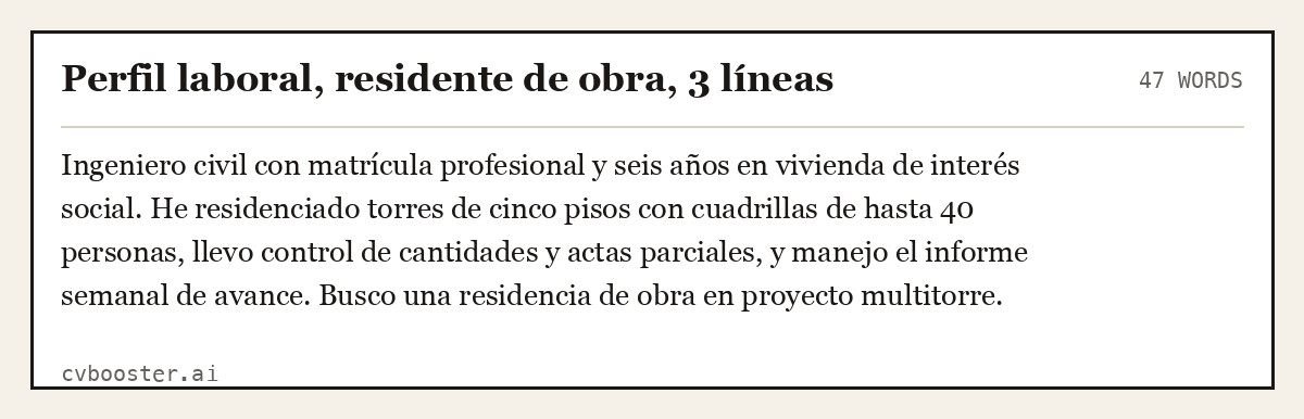 Ejemplo completo: Perfil laboral, residente de obra, 3 líneas, 47 palabras
