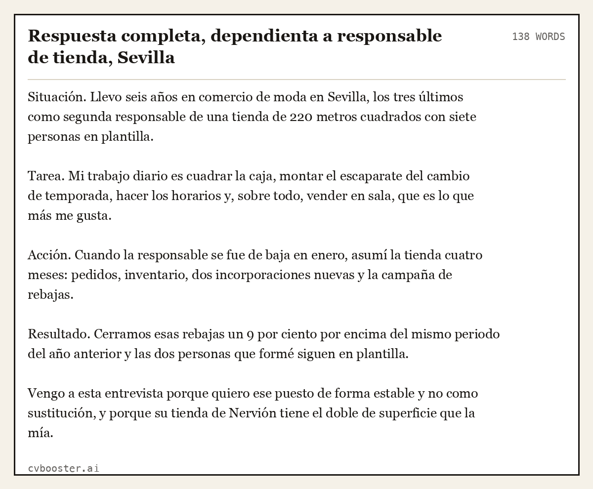 Ejemplo completo: Respuesta completa, dependienta a responsable de tienda, Sevilla, 138 palabras