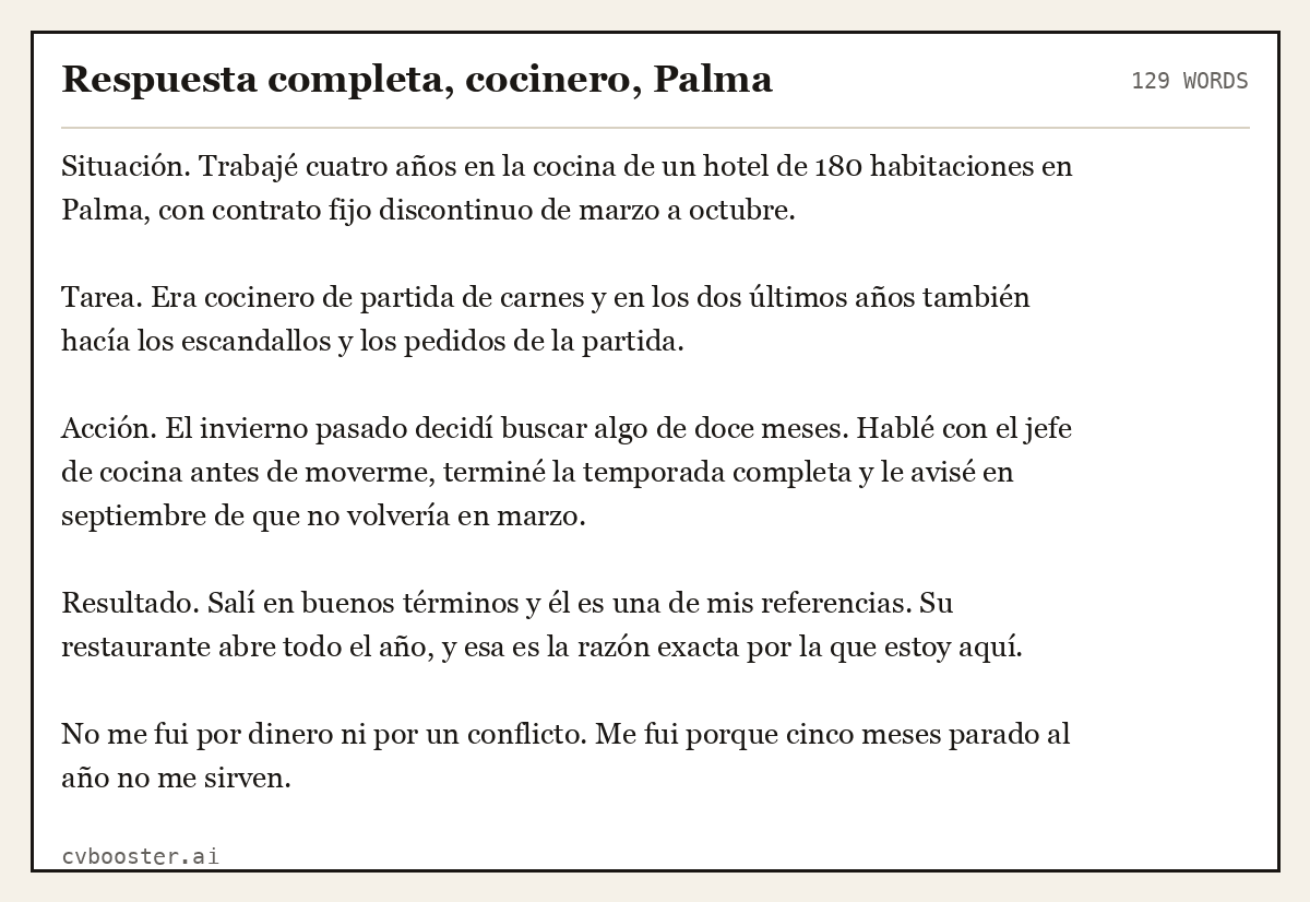 Ejemplo completo: Respuesta completa, cocinero, Palma, 129 palabras