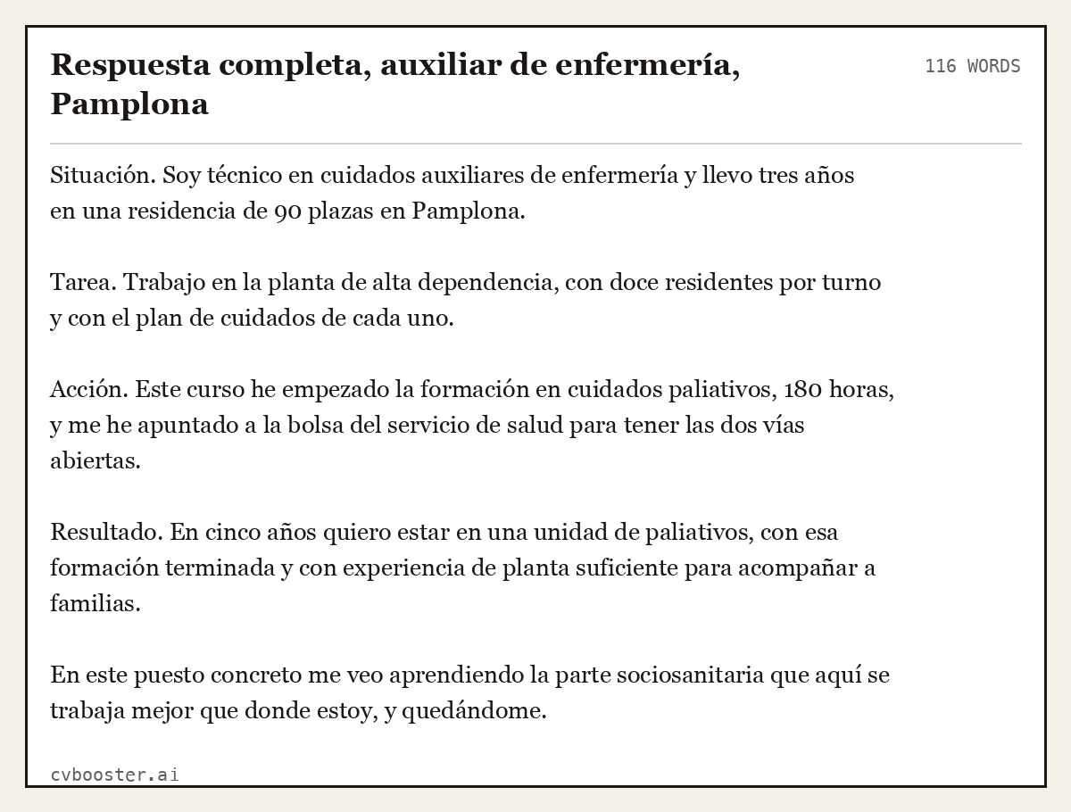 Ejemplo completo: Respuesta completa, auxiliar de enfermería, Pamplona, 116 palabras