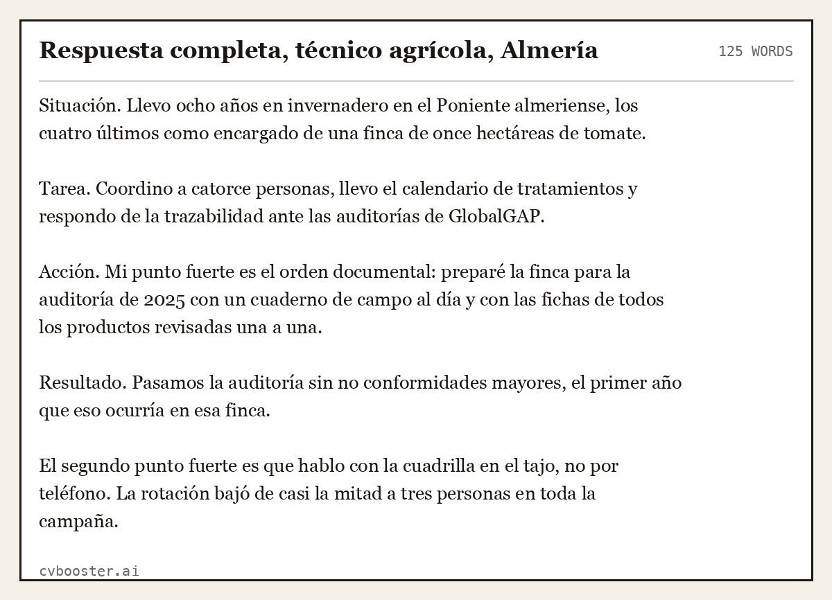 Ejemplo completo: Respuesta completa, técnico agrícola, Almería, 125 palabras