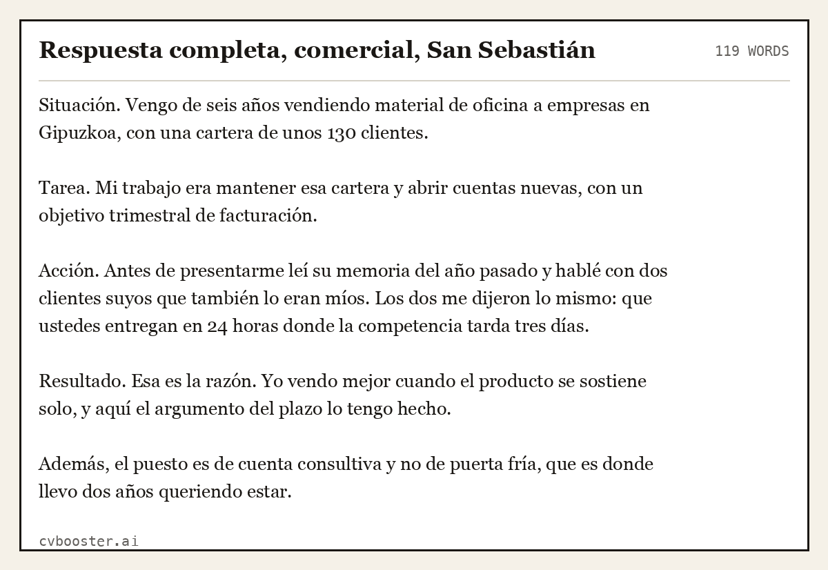 Ejemplo completo: Respuesta completa, comercial, San Sebastián, 119 palabras