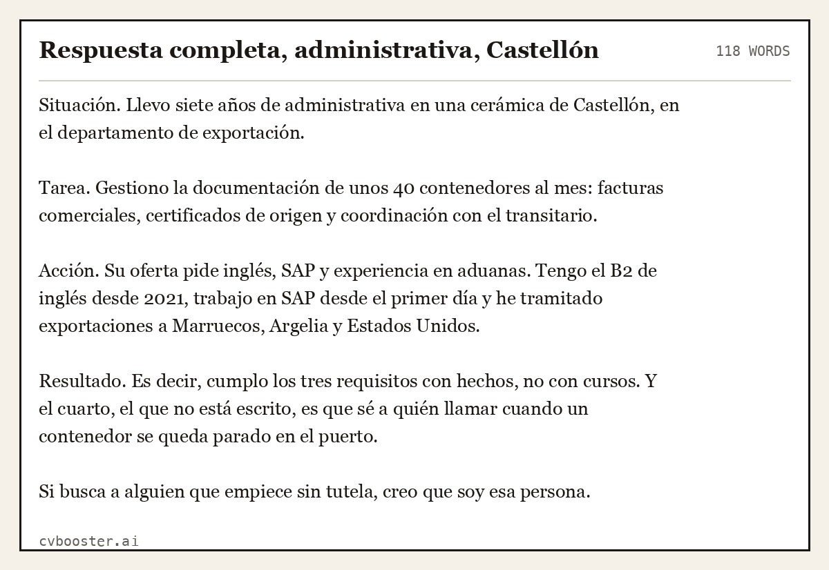 Ejemplo completo: Respuesta completa, administrativa, Castellón, 118 palabras